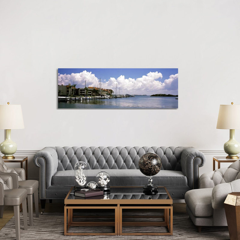 Boats Docked In A Bay, Cabbage Key, Sunshine Skyway Bridge In Distance, Tampa Bay, Florida, USA - Wrapped Canvas Panoramic Print