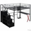 Lit mezzanine en métal avec poste de travail intégré, garde-robe, escalier de rangement et DEL-118019857