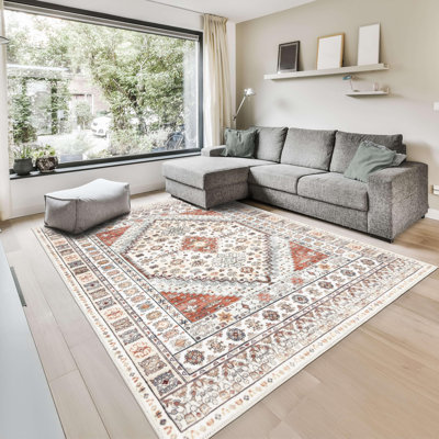  Tapis lavable à la machine, antidérapant, tapis à poils courts, salon, chambre à coucher, tapis de cuisine (8 pi x 10 pi crème / terra)