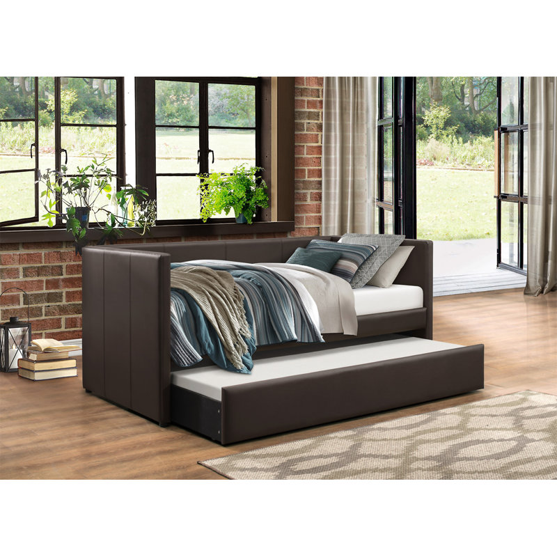 Brown Faux Leather Upholstered Contemporary Daybed With Trundle Wooden Furniture 1Pc, Brown