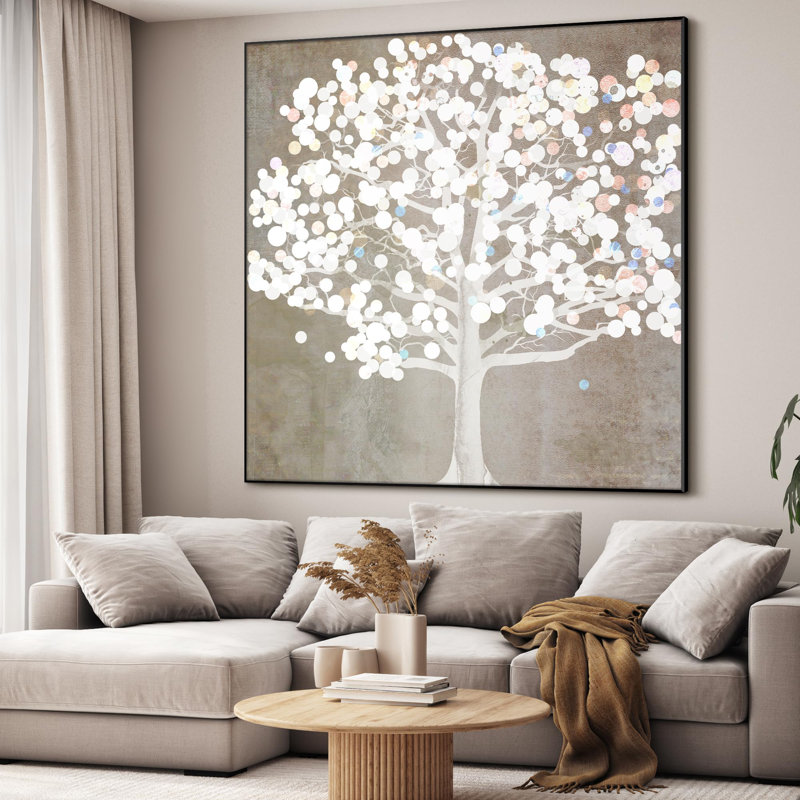 Extra Large Wall Art Fabric Print - Abstract Glowing White Tree with Bokeh Lights Artwork Decor for Living Room or Bedroom - "Frame Assembly Required (Unfinished Frame)"