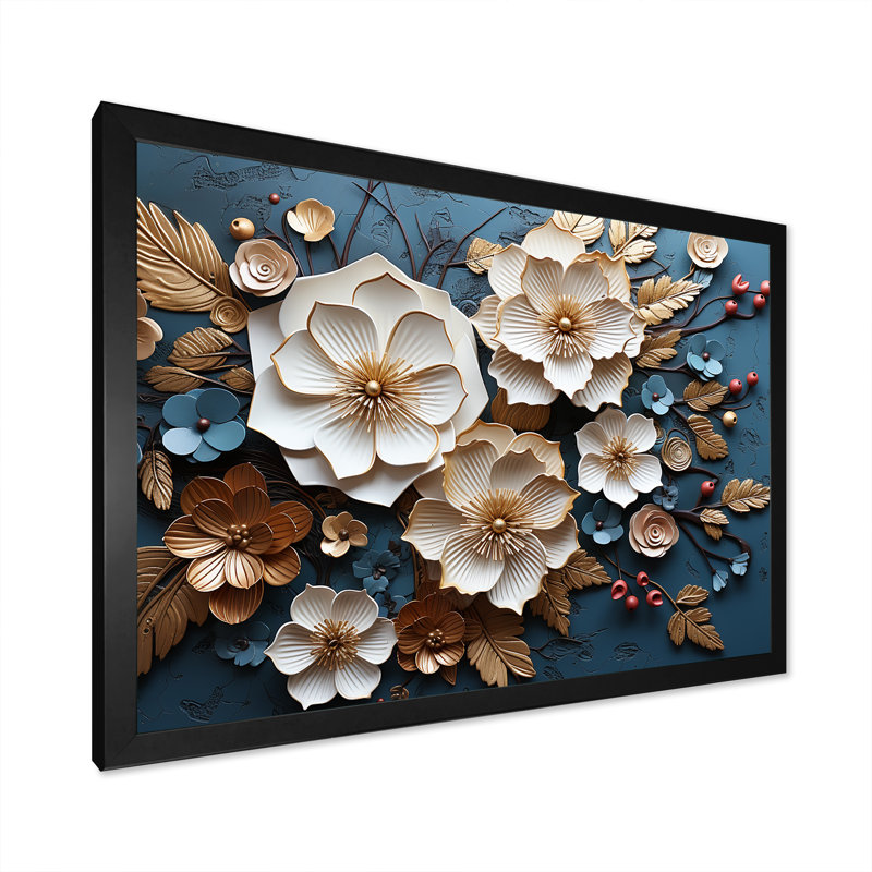 Orchidée bleue et blanche dorée de branches V - art mural floral abstrait, Cadre d'angle fermé noir