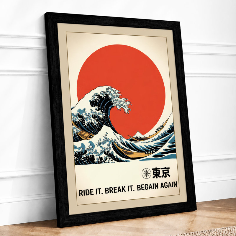 Tokyo Wave Rising Japandi - Framed Print, A2 - 59.4 x 42.0 cm, Black