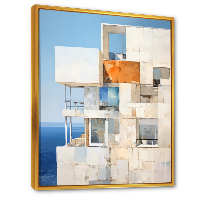 " Soft Color Cubic Beach House " Print, Gold Floater Framed, 20" H x 12" W x 1" D
