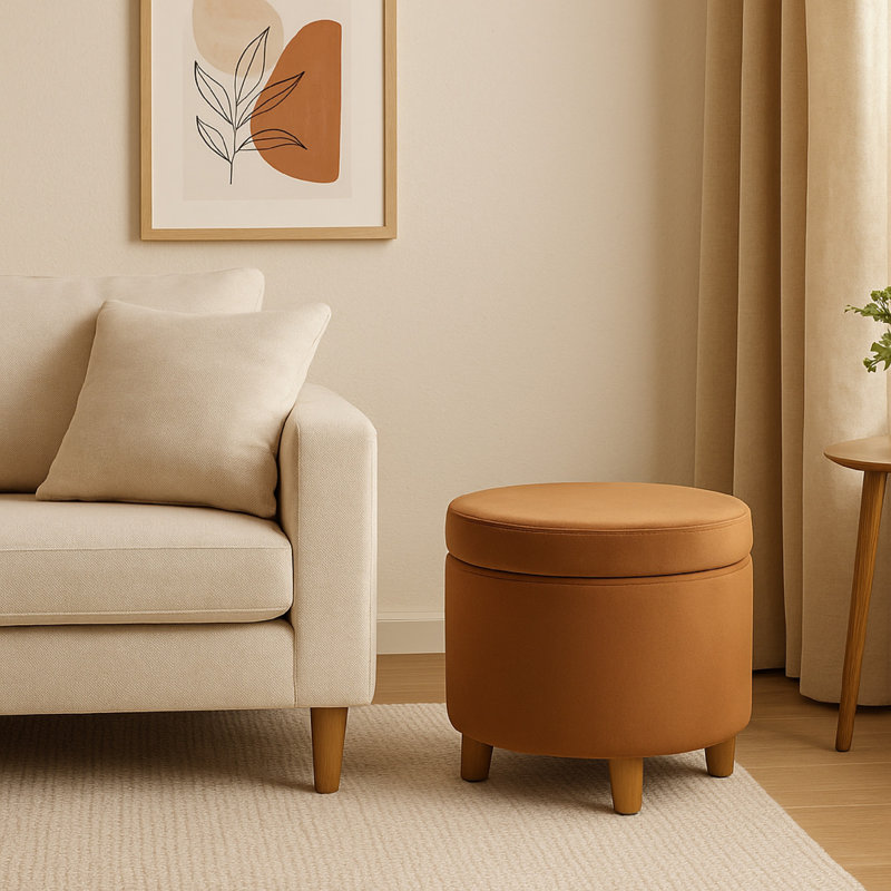 Repose-pieds avec rangement Gio, dessus relevable rond de 19 pouces, tissu en velours, Brun épicé