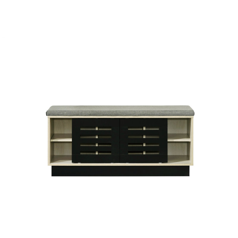 Brett 38.5"W Oak Finish Shoe Cabinet With Sliding Doors, Upholstered Top