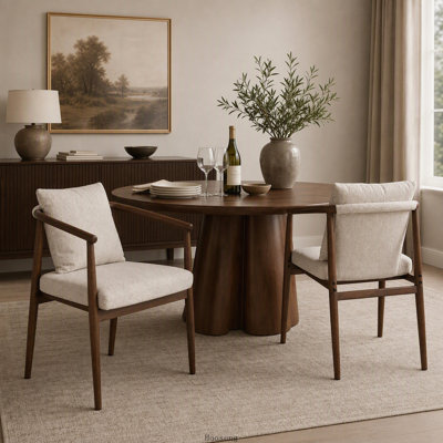 Ensemble de 2 chaises de salle à manger à accoudoirs courbés modernes avec structure en fer au fini noyer et siège rembourré beige