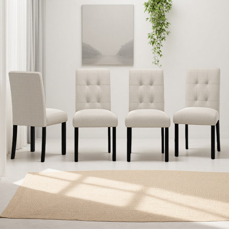 Chaise de salle à manger 4 pièces en lin rustique rembourrée avec pieds en bois d'hévéa, Beige