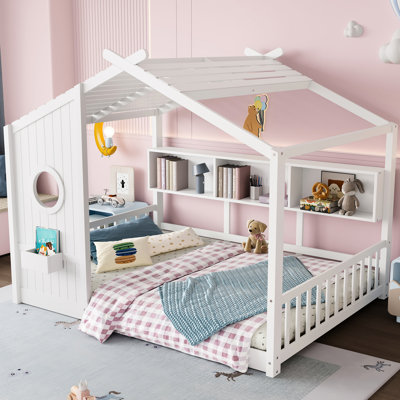 Lit sur le plancher, style avec toit et tablette de rangement, lit blanc pour un bon sommeil, conception de tablette de maison de jeu, durabilité en bois de pin