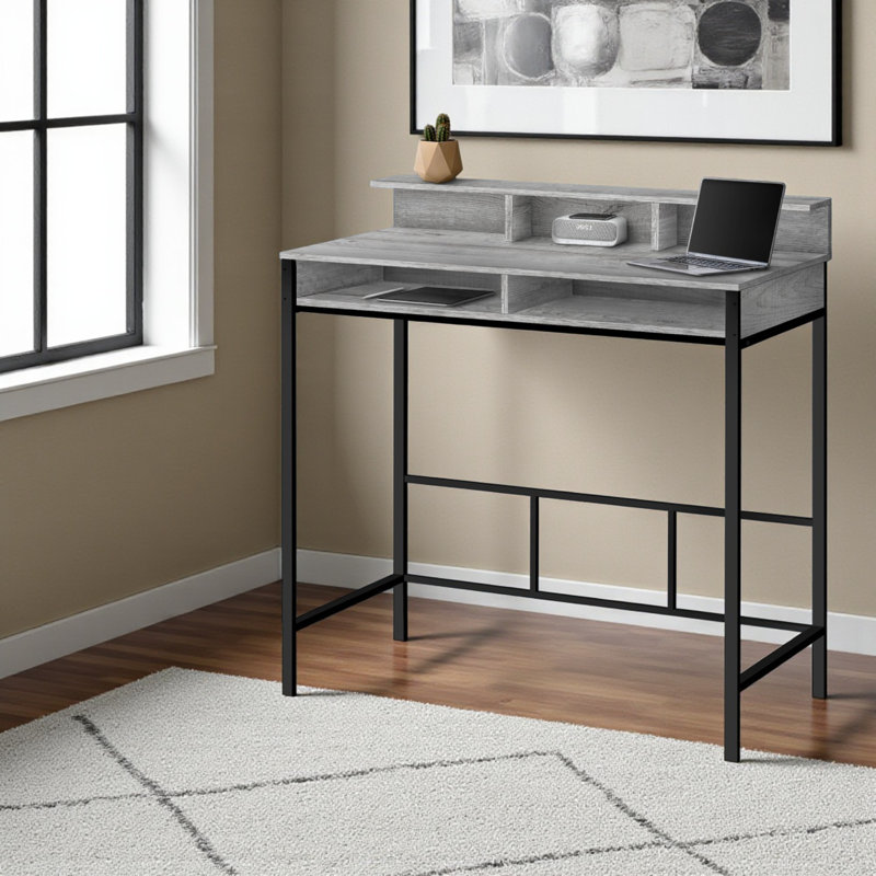 Stacey Gray Finish Computer Desk With Hutch & Black Metal Leg, 47.23" H X 47.04" W X 23.57" D