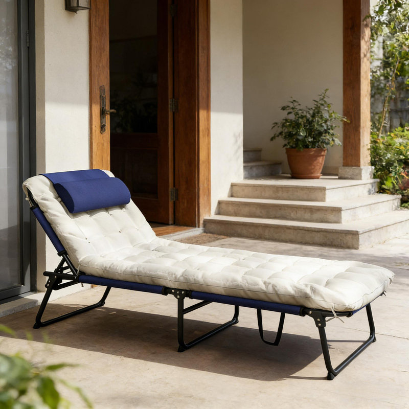 Chaise longue d'extérieur, chaise longue pliante, Noir / bleu marine / blanc