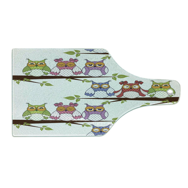 Ambesonne Owls Tempered Glass Cutting Board Birds on Tree Branches Multicolor