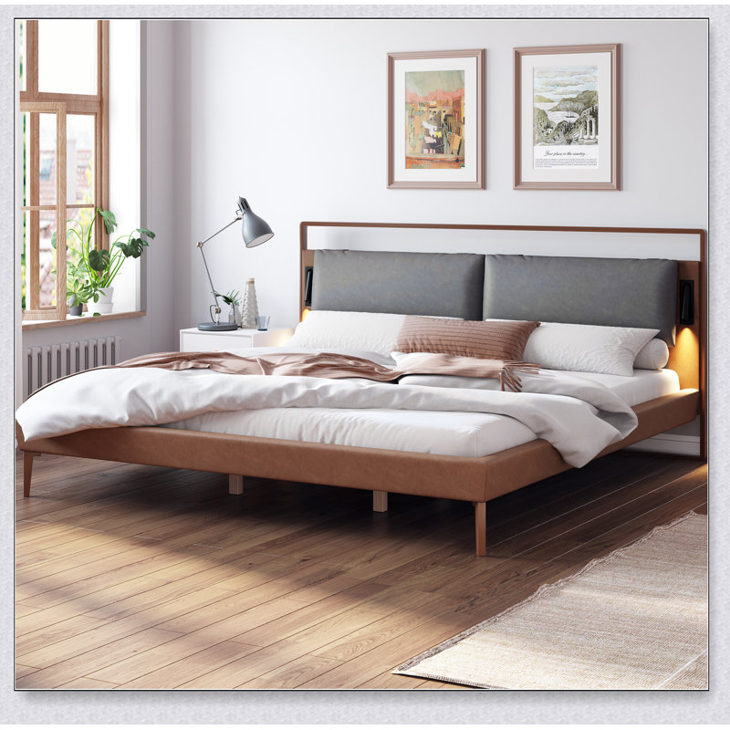 Brown&Gray Leather Bed With 2Pcs Night Lights, King