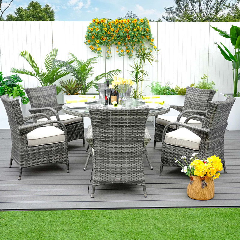 Round 6 - Person 53.14'' Long Dining Set With Cushions, Gray, Gray