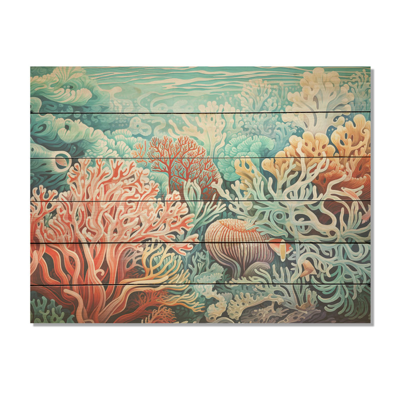 Coral Gorgonacea Sea World I - Coastal Coral Under Water Wood Wall Art On Natural Pine Wood, 30" H x 40" W