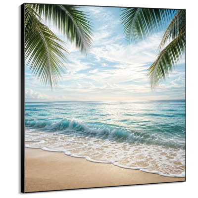 Très grande reproduction d'art sur tissu - Plage tropicale ensoleillée avec feuilles de palmier et vagues de l'océan pour le salon ou la chambre à coucher - «Assemblage requis du cadre (cadre non fini)»
