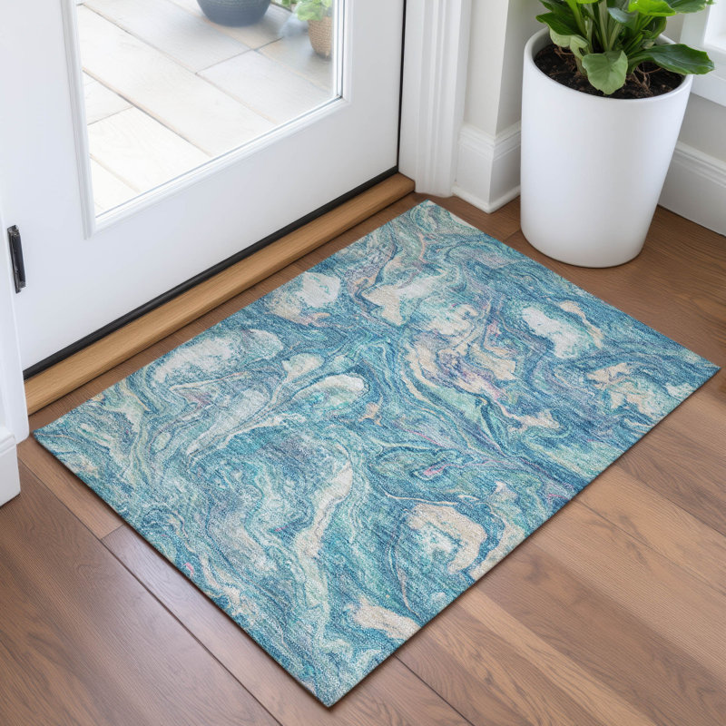 Machine Washable Indoor/Outdoor Xhevrie Teal Rug, Rectangle 1'8" x 2'6"