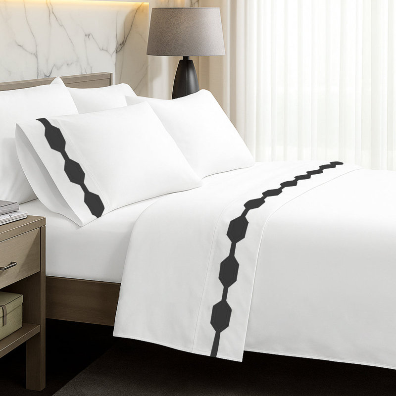 Hexagonal Applique Border Cotton Sheet Set, Black Border, Twin Sheet Set