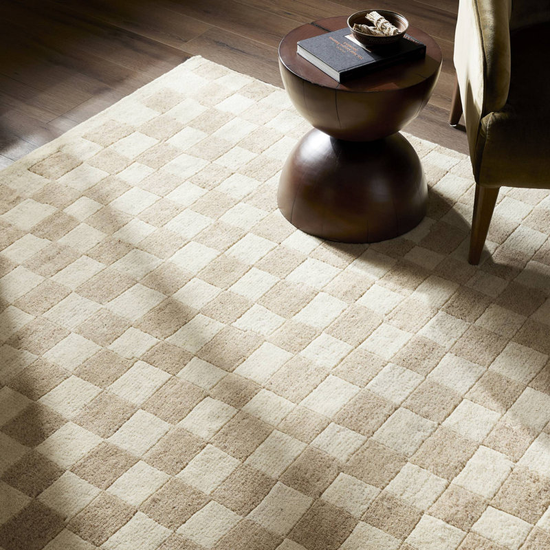 Hand Knotted Wool Checkered Indoor Rug, Rectangle 9' x 12', White/Neutral