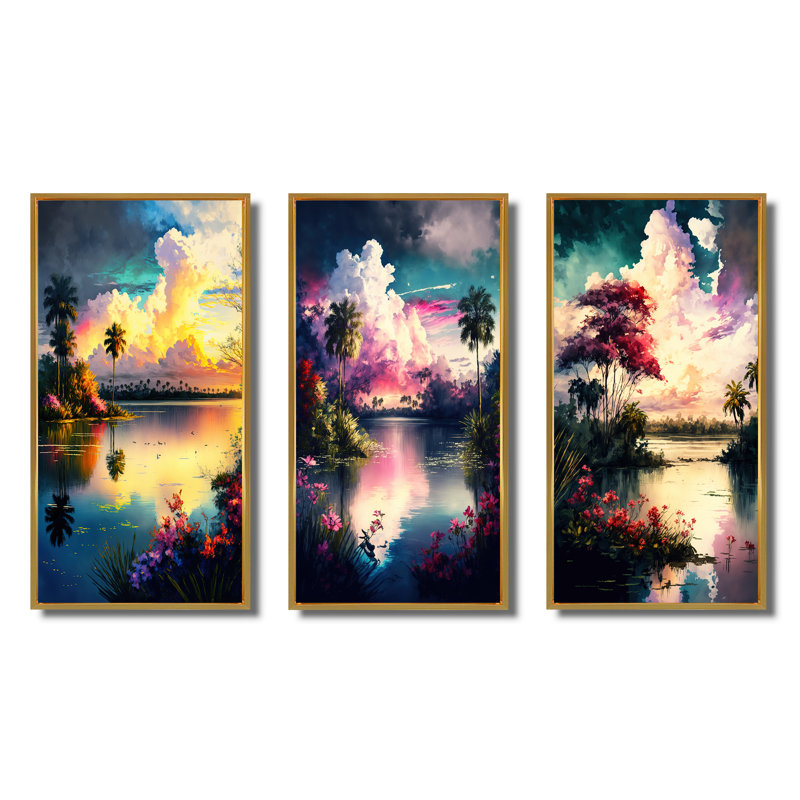 «Beautiful Sunset Over A Tropical Lake», 3 pièces sur toile, H 20 po x l 36 po, Cadre flottant doré