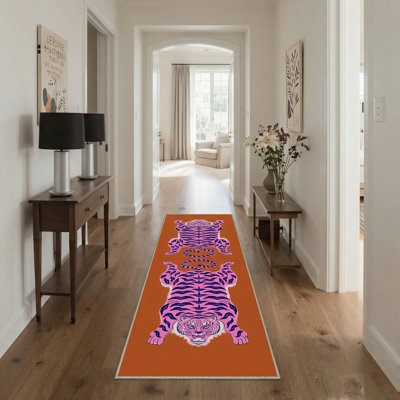 Kai Sunset Jungle Tiger Animal Machine Washable Print Orange / Pink Indoor Area Rug with Non-Slip Backing