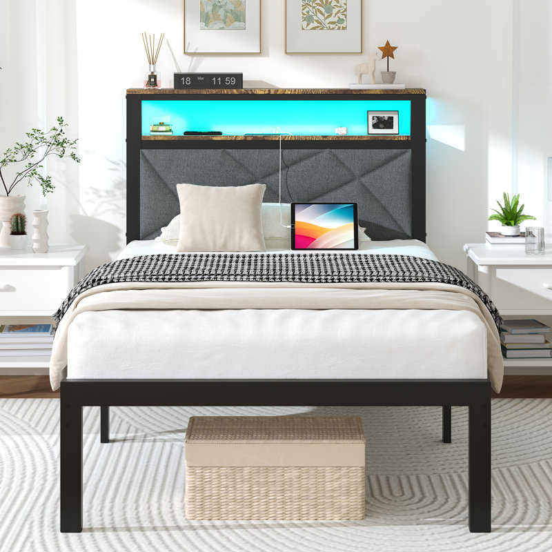 Modern RGB LED Lights Upholstered Platform Bed Frame with Wood Storage Headboard & USB Charging Ports, Noiseless Low Profile Footboard with Open Shelving. Twin