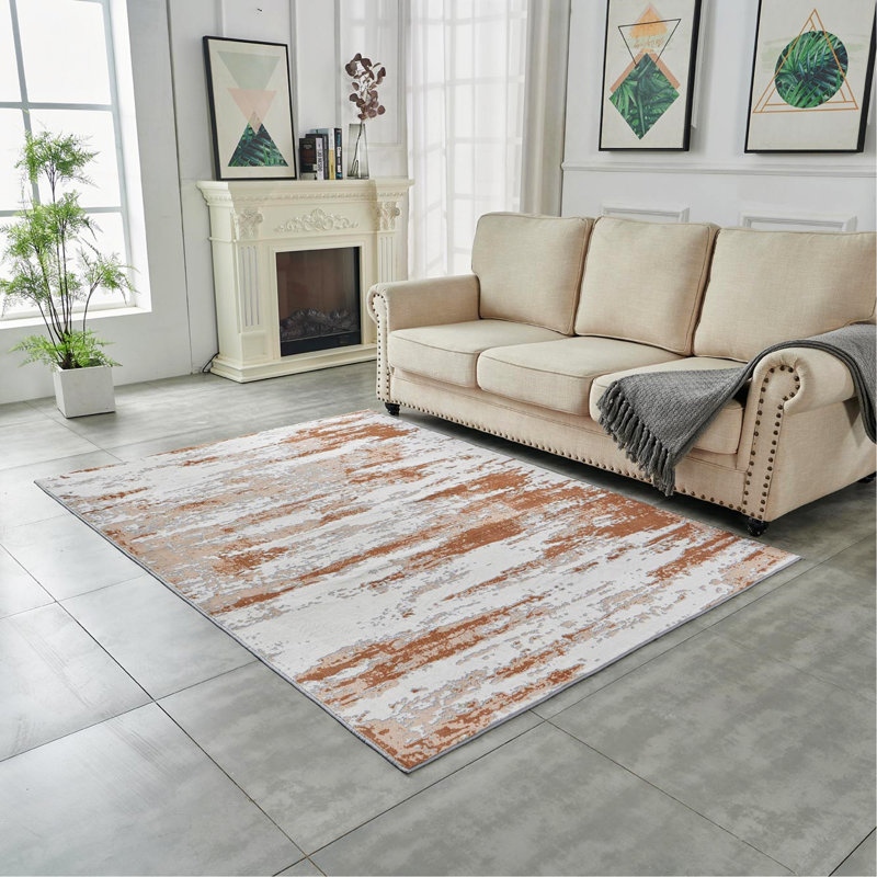 Tapis gris doux à motif abstrait rouille et lavable à la machine, Rectangulaire 3 pi x 5 pi