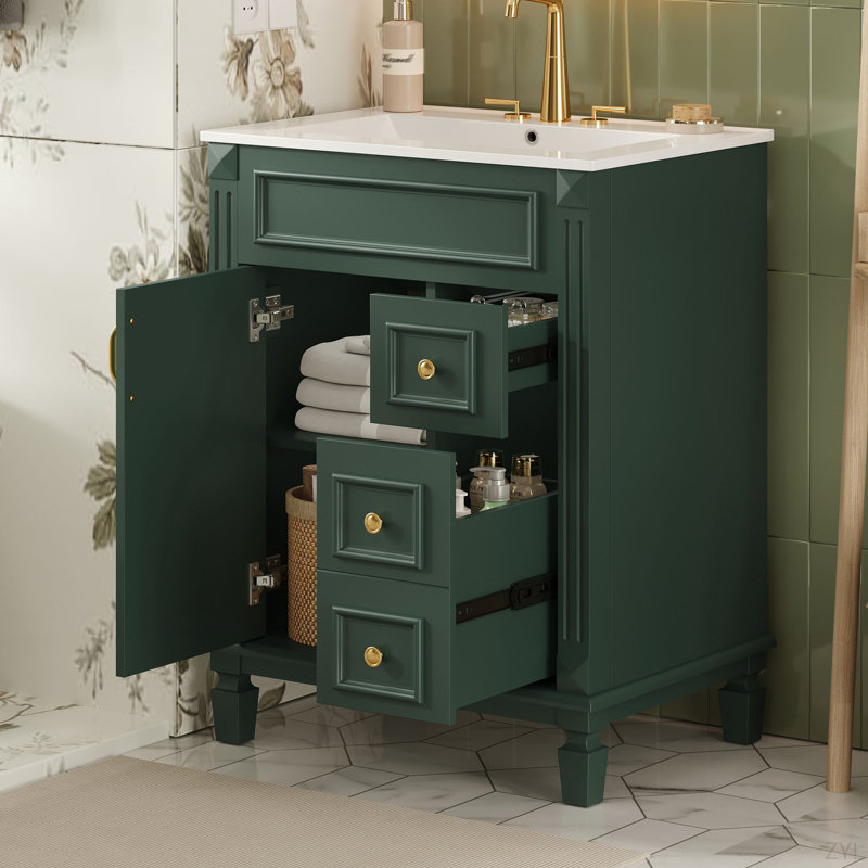 Meuble-lavabo 24 po avec lavabo en céramique, petite armoire de salle de bain, armoire moderne avec 2 tiroirs et tablette réglable