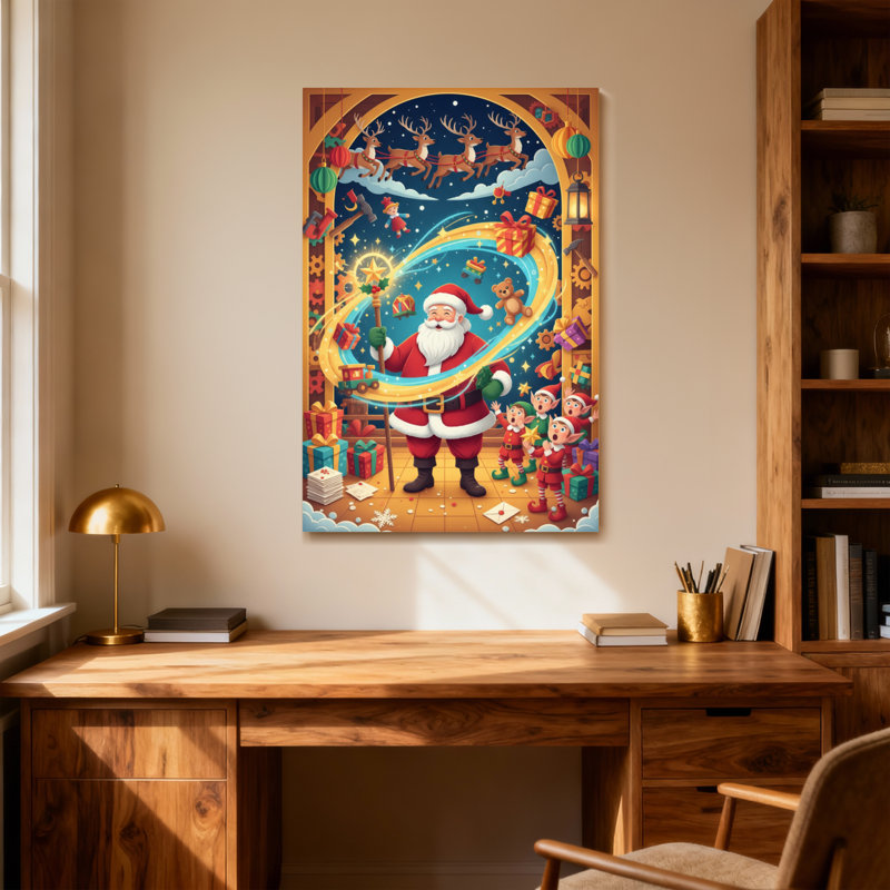 Noël père Noël avec renne et elfes, H 24 po x l 16 po