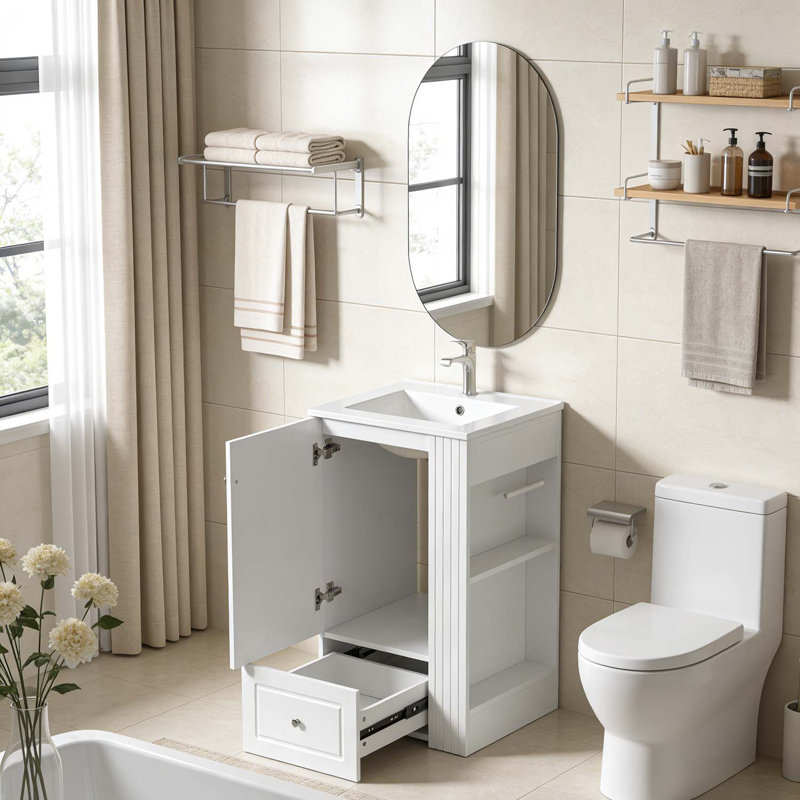 Meuble-lavabo de 20 pouces avec lavabo en céramique, pour espaces compacts, Blanc