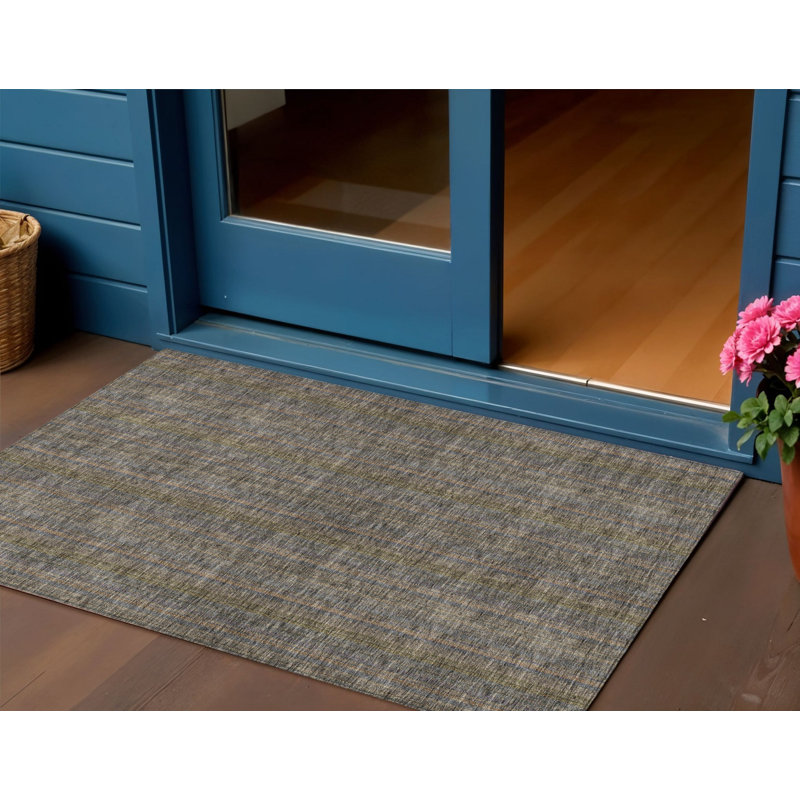 3' X 5' Taupe Striped Washable Indoor Outdoor Area Rug