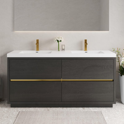 72" Freestanding Double Bathroom Vanity Modern Style Vanity with Integrated Solid Surface Countertop and 2 Sinks, 4 Soft Close Drawers