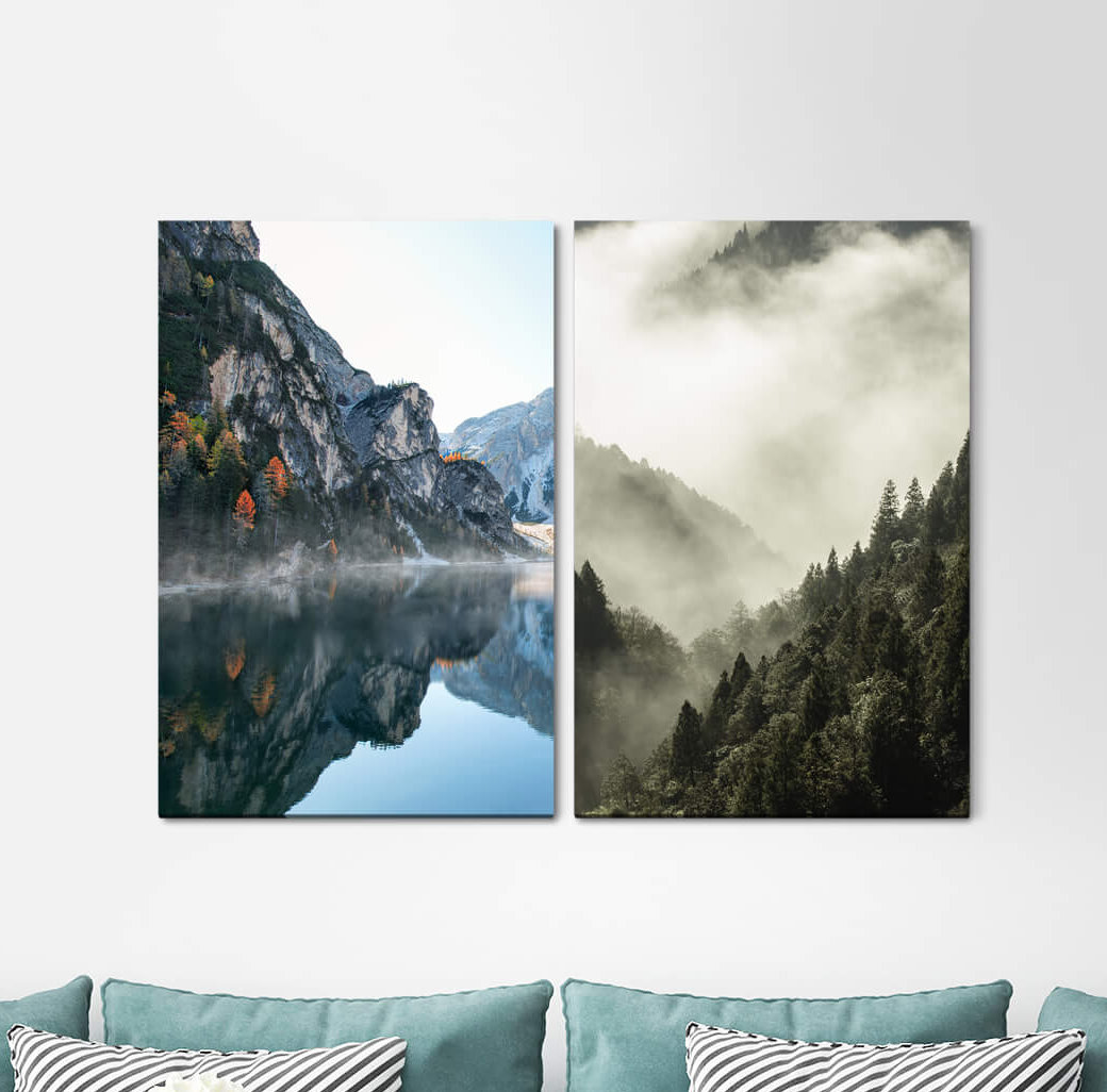 2-tlg. Leinwandbilder-Set - Fotografie "Berge-See-Schnee-Gipfel-Reflexions-Wolken-Gipfel-Stille"