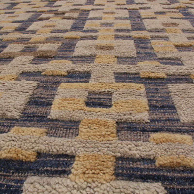 Rug & Kilim’S Scandinavian Inspired Gold Gray And Blue Wool Rug, Rectangle 10' x 14'