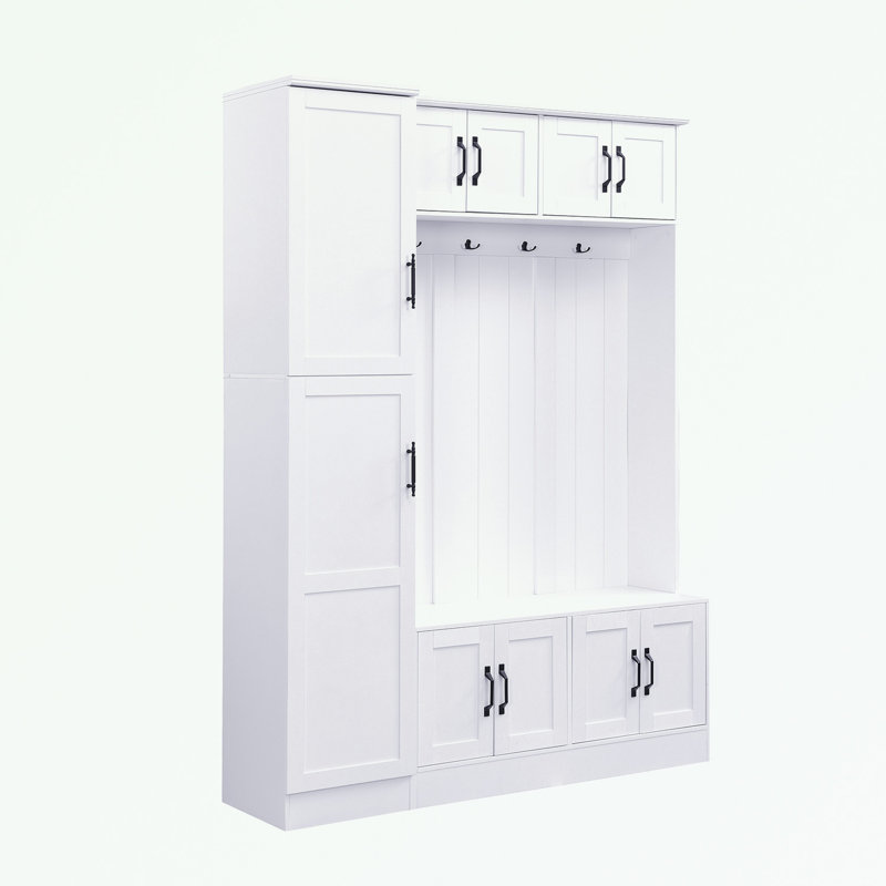 Hall Tree with Shoe Storage Bench, 6 Cabinets, 4 Coat Hooks and Adjustable Shelf, White