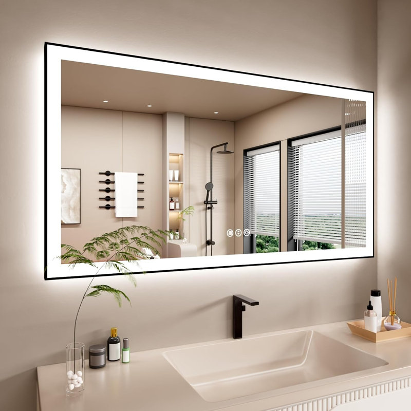 Miroir de salle de bain à DEL avec cadre noir, rétro-éclairé et miroirs de salle de bain éclairés, 55 po x 30 po