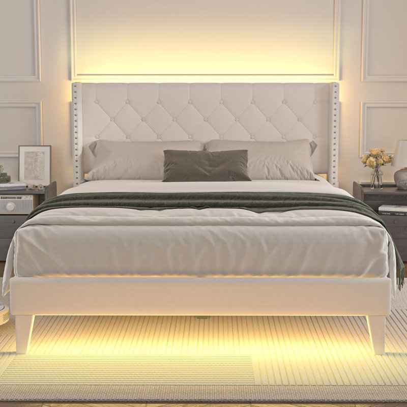 Cadre de grand lit avec lumières DEL, cadres de lit tapissier en velours avec tête et pied de lit capitonnés à oreilles - Support de lattes en bois, aucun sommier nécessaire, beige