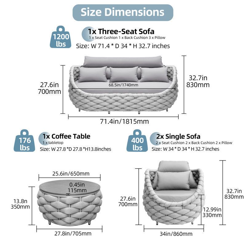 5 Person 4 Set Soft Polyester Rope Indoor/Outdoor Conversation Set For Bistro Garden Balcony Porch Deck Backyard Cafe, No