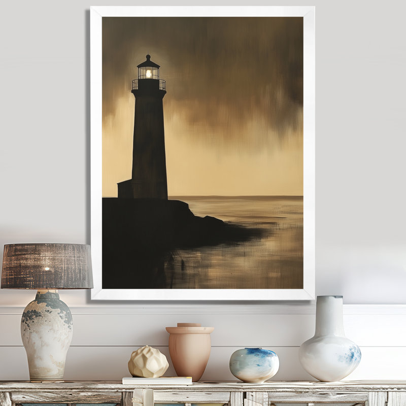 Phare du Crépuscule Doré III - Décoration murale encadrée sur le thème nautique, H 32 po x l 16 po, Cadre photo blanc
