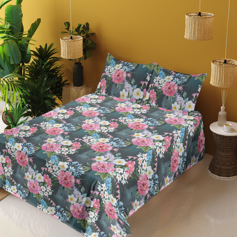 Ambesonne Watercolor Botany Sheet Set 4 Pcs Retro Boho Bloom, Pastel Pink Dark Teal Floral