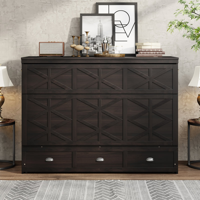 Grand lit escamotable avec grands tiroirs et port USB, Espresso
