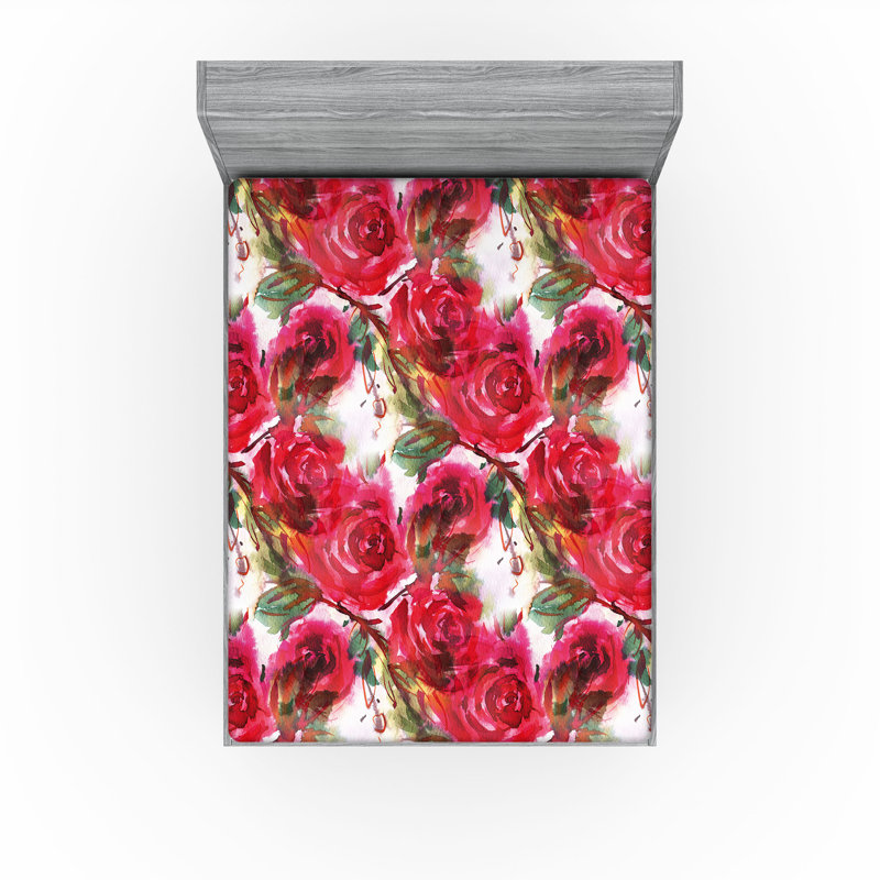 Drap-housse Ambesonne, Corail foncé, vert laurier / floral 3, Drap-housse très grand californien