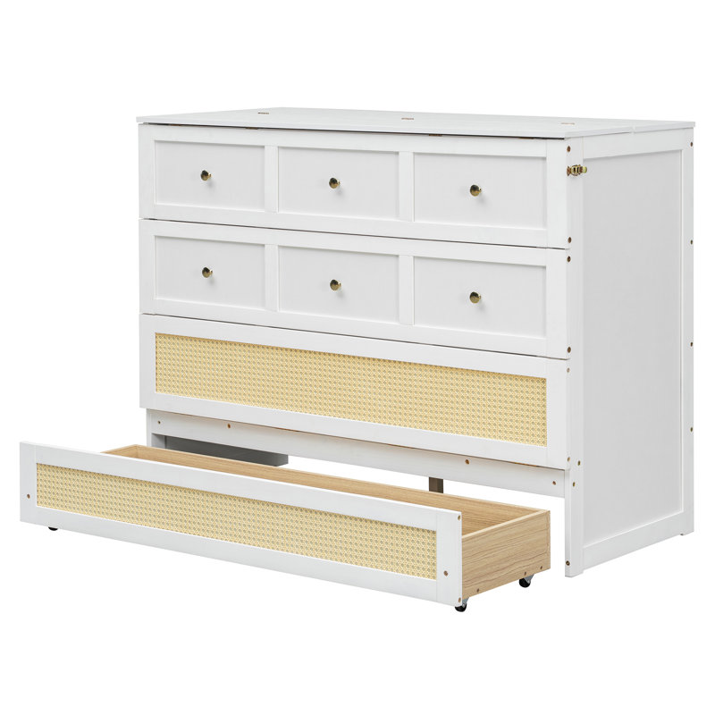 Lit escamotable pleine grandeur avec grands tiroirs de rangement, armoire-lit peu encombrante, conception en rotin, capacité robuste de 400 lb, blanc