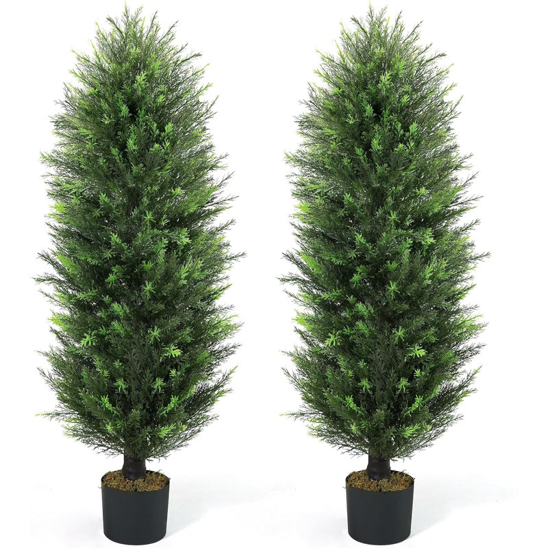 CAPHAUS Artificial Cedar Tree Pair, UV Resistant Boxwood Topiary w/ Dried Moss, 3 / 4 / 5 Feet, 48" H x 4.5" W x 4.5" D