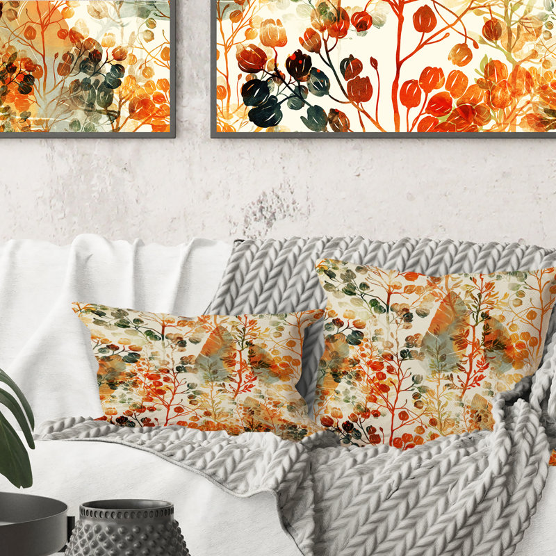 Herbe et plumes aux couleurs d'automne - Coussin décoratif à imprimé traditionnel, 16 po x 16 po