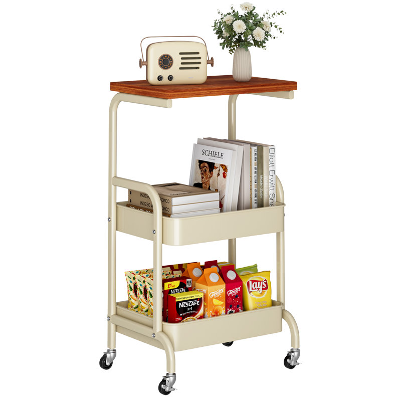 White 29.9'' H x 16.5'' W 3-Tier Rolling Utility Cart with 360° Swivel Locking Wheels, Wood Top and Metal Storage Baskets, Mobile Organizer Trolley Single