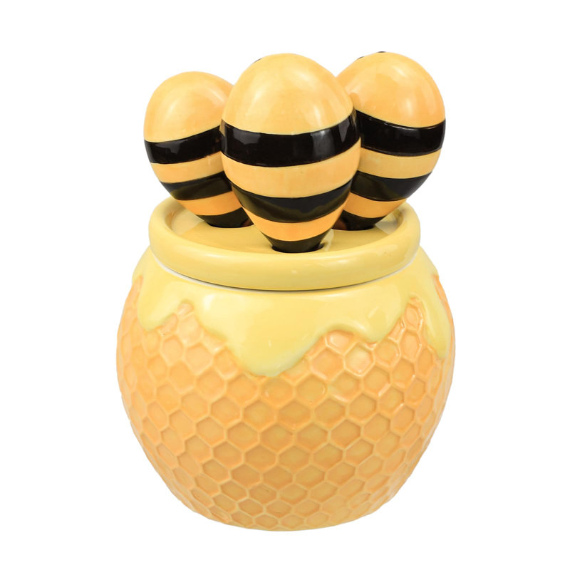 Ceramic Bee And Honeycomb Measuring Spoons Set For Dry Or Liquid With Measuring Cup Set, 4 PCS Kitchen Measuring Baking Spoons Cooking Measuring Spoons