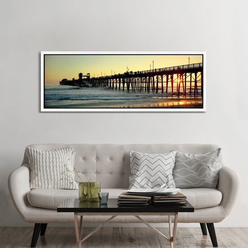 Pier in the ocean at sunsetOceanside, San Diego County, California, USA 1 Piece Floater Frame Panoramic Wall Art on Canvas