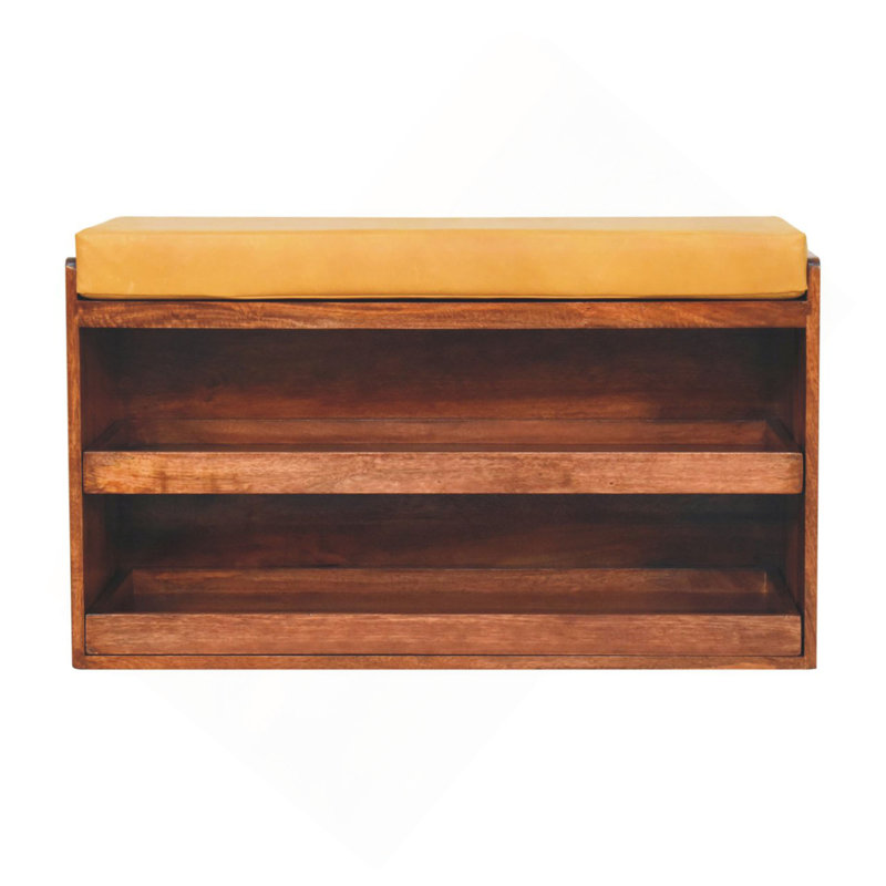 Banc de rangement escamotable en bois massif et cuir caramel, 2 tablettes