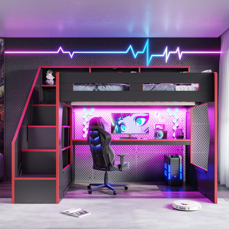 Lit mezzanine pleine grandeur avec escalier de rangement et tablettes de tête de lit ouvertes, bureau à DEL avec charge USB, cadre de lit mezzanine surélevé avec découpe en forme de maison pour les joueurs, noir et rouge